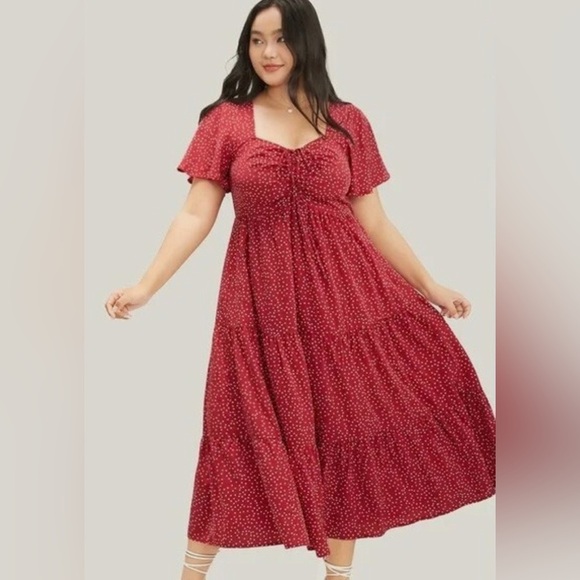 New Bloom Chic Women's US 22 24 Red Polka Dot Ruched Front Tiered Midi Dress NWT - Picture 1 of 13